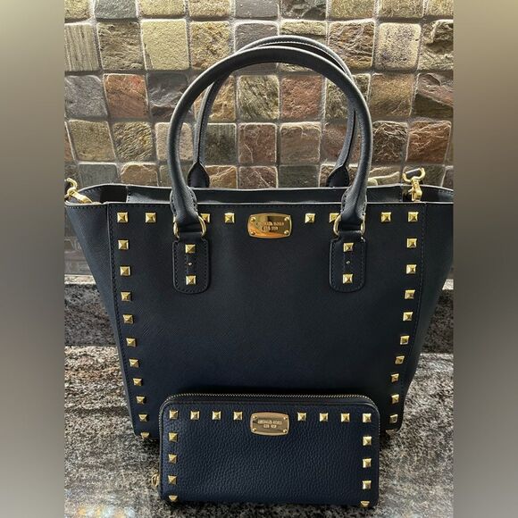 Michael Kors Handbags - Michael Kors Blue Studded Bag & Wallet Set
